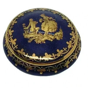 Vintage Limoges France Blue Courting Couple Trinket Pill Box Gold Trim Signed